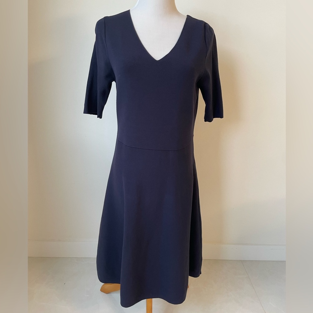 Ann Taylor Navy Ribbed Knit V-Neck A-Line Stretch Dress Short Sleeve Sz S